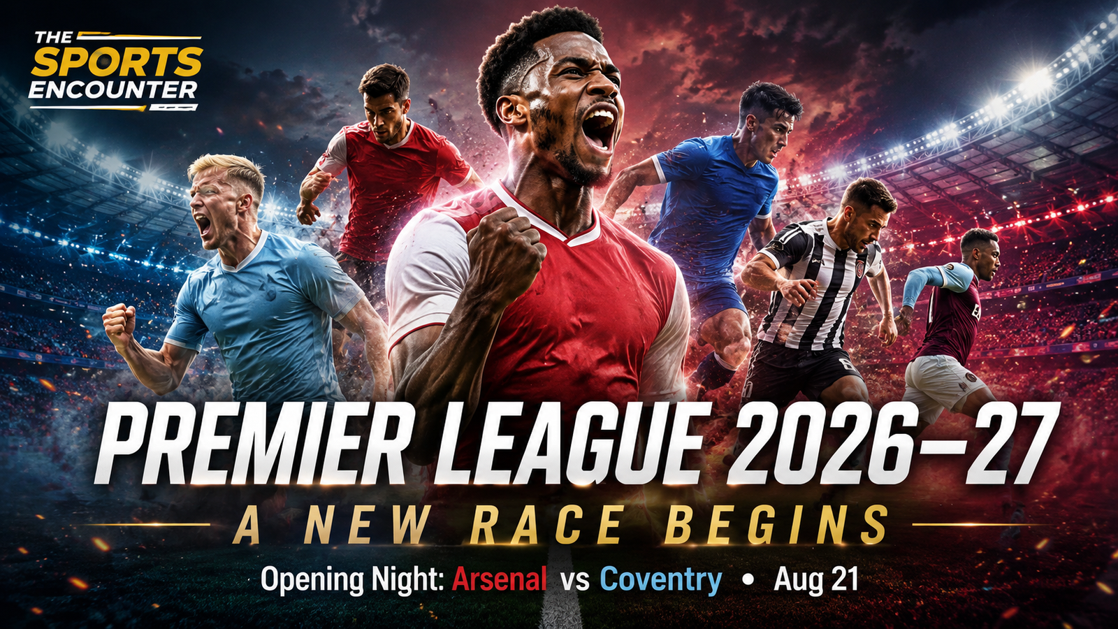 Cinematic Premier League 2026–27 season preview graphic featuring stylized players in red, sky blue, blue, black-and-white, and claret kits inside a floodlit stadium, with Arsenal represented in the foreground, the headline “Premier League 2026–27,” the message “A New Race Begins,” the opening-night fixture Arsenal vs Coventry on August 21, and The Sports Encounter logo.