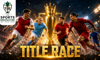 Arsenal, Manchester City, Manchester United, Liverpool and Chelsea-inspired players converge around a glowing championship trophy in a cinematic Premier League 2026-27 title race scene.