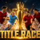 Arsenal, Manchester City, Manchester United, Liverpool and Chelsea-inspired players converge around a glowing championship trophy in a cinematic Premier League 2026-27 title race scene.