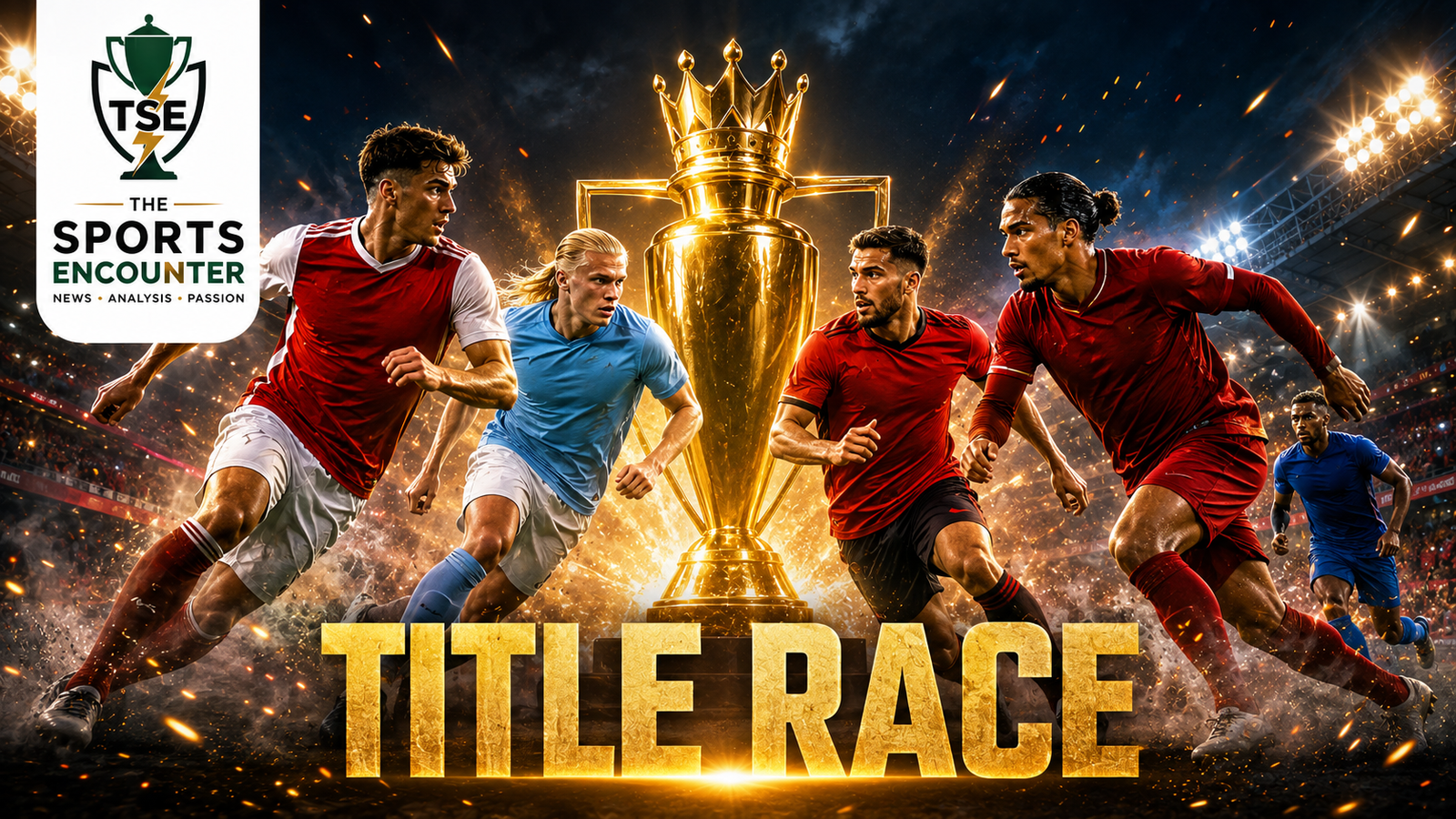 Arsenal, Manchester City, Manchester United, Liverpool and Chelsea-inspired players converge around a glowing championship trophy in a cinematic Premier League 2026-27 title race scene.