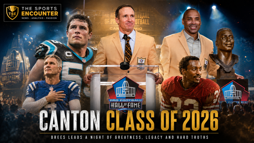 Drew Brees leads the Pro Football Hall of Fame Class of 2026 alongside Larry Fitzgerald, Luke Kuechly, Adam Vinatieri and Roger Craig during an emotional Canton enshrinement ceremony celebrating greatness, legacy and football’s human cost.