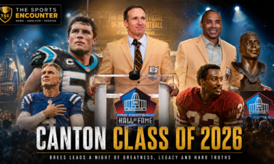 Drew Brees leads the Pro Football Hall of Fame Class of 2026 alongside Larry Fitzgerald, Luke Kuechly, Adam Vinatieri and Roger Craig during an emotional Canton enshrinement ceremony celebrating greatness, legacy and football’s human cost.