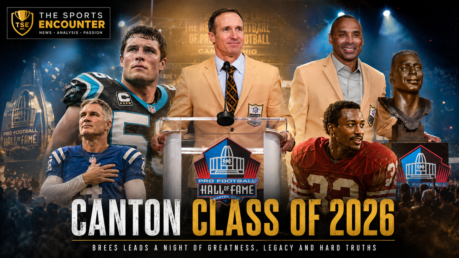 Drew Brees leads the Pro Football Hall of Fame Class of 2026 alongside Larry Fitzgerald, Luke Kuechly, Adam Vinatieri and Roger Craig during an emotional Canton enshrinement ceremony celebrating greatness, legacy and football’s human cost.