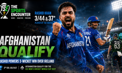 Rashid Khan celebrates Afghanistan’s three-wicket win over Ireland in Belfast, with Rahmanullah Gurbaz in the background, as Afghanistan qualify for the 2027 ICC Men’s Cricket World Cup.
