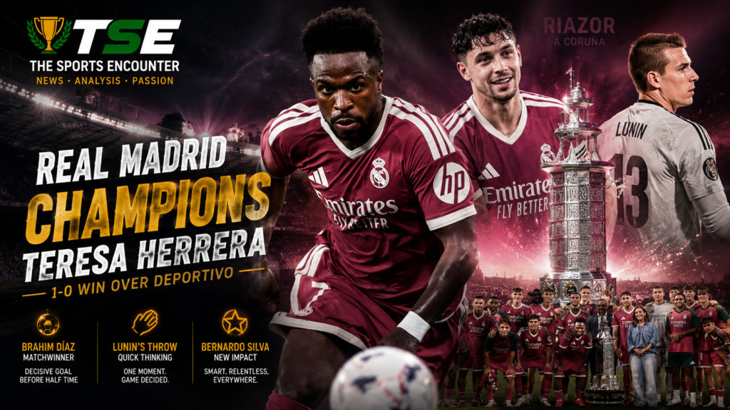 Real Madrid celebrate winning the Trofeo Teresa Herrera after a 1-0 victory over Deportivo La Coruña, with Brahim Díaz highlighted as the matchwinner, Andriy Lunin credited for the quick distribution that created the goal, and Bernardo Silva featured among Madrid’s key preseason performers.
