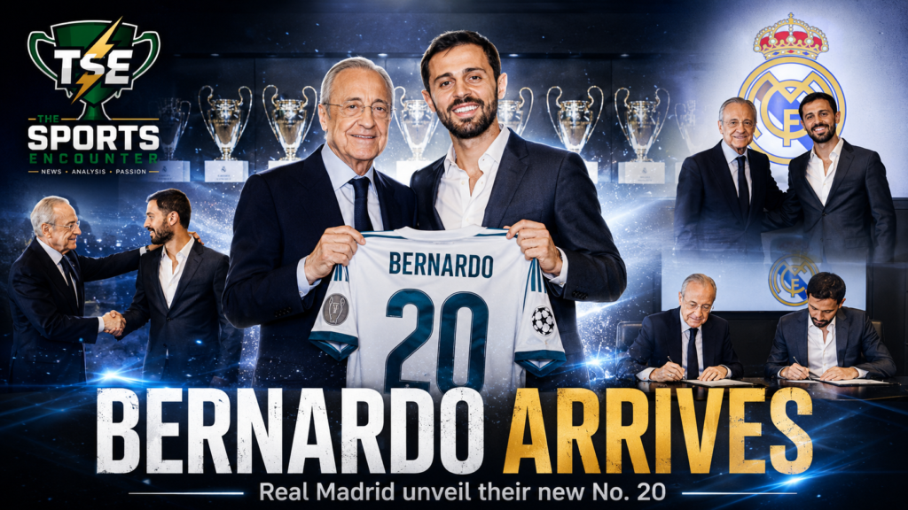 Bernardo Silva pictured during his official Real Madrid presentation after signing a contract through 2028 and receiving the No. 20 shirt.