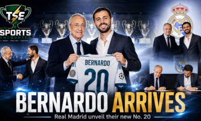 Bernardo Silva pictured during his official Real Madrid presentation after signing a contract through 2028 and receiving the No. 20 shirt.