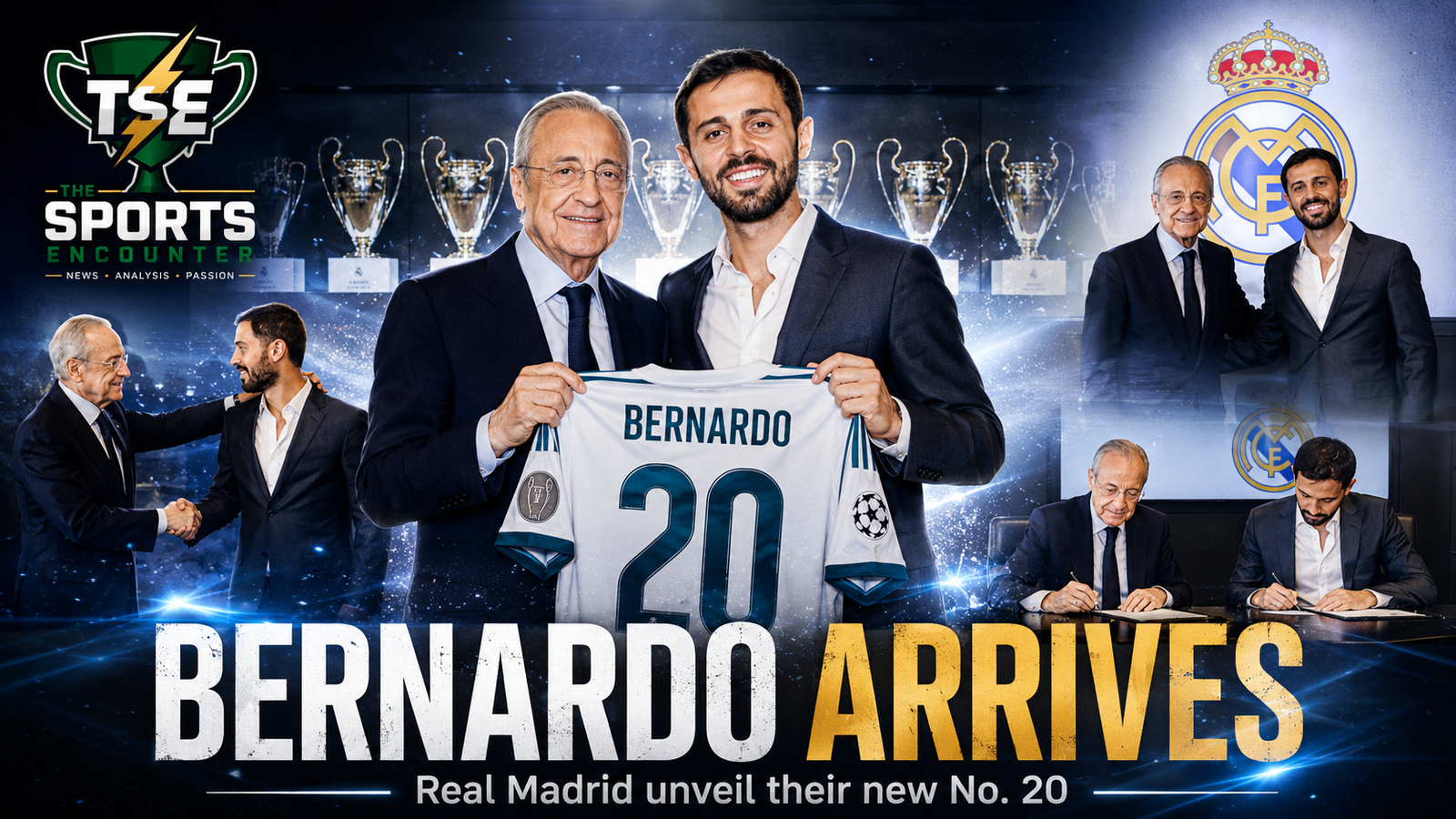 Bernardo Silva pictured during his official Real Madrid presentation after signing a contract through 2028 and receiving the No. 20 shirt.