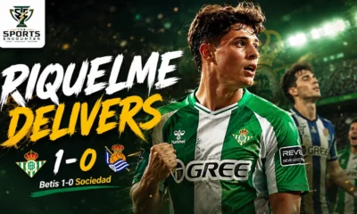 Rodrigo Riquelme celebrates for Real Betis after scoring against Real Sociedad in a 1-0 LaLiga victory at La Cartuja.
