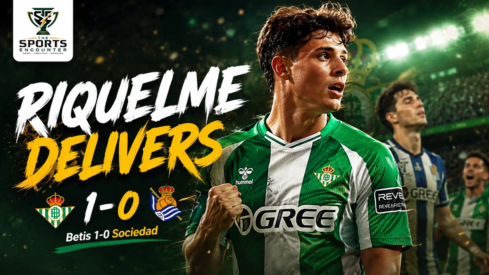 Rodrigo Riquelme celebrates for Real Betis after scoring against Real Sociedad in a 1-0 LaLiga victory at La Cartuja.