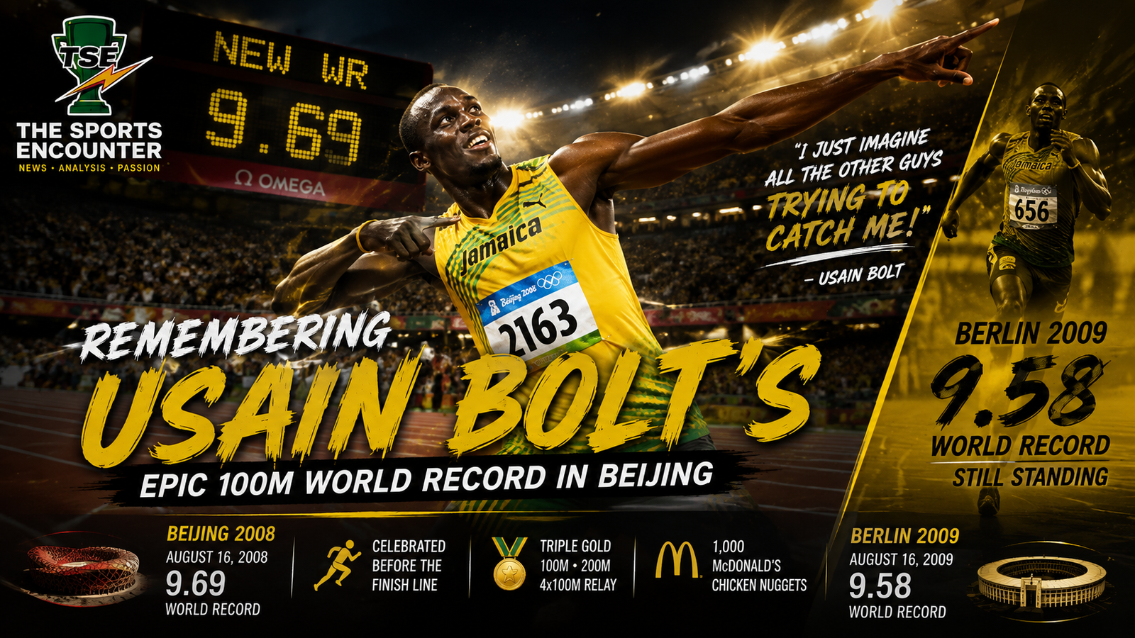 Usain Bolt celebrates after his world-record 9.69-second victory in the men’s 100m final at the Beijing 2008 Olympics, one year before setting the still-standing 9.58 record.