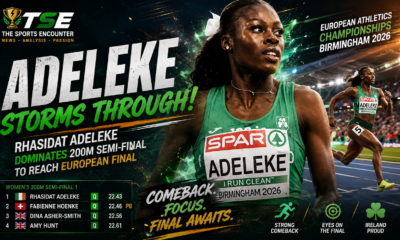 Rhasidat Adeleke celebrates reaching the women’s 200m final at the 2026 European Athletics Championships in Birmingham after winning her semifinal in 22.43 seconds for Ireland.