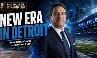 Richard Haddad stands in front of a floodlit Ford Field and the Detroit skyline as he begins his role as the Lions’ new president and CEO.