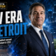 Richard Haddad stands in front of a floodlit Ford Field and the Detroit skyline as he begins his role as the Lions’ new president and CEO.