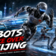 Humanoid robots competing under dramatic stadium lights in Beijing ahead of the 2026 World Humanoid Robot Games at the National Speed Skating Oval.