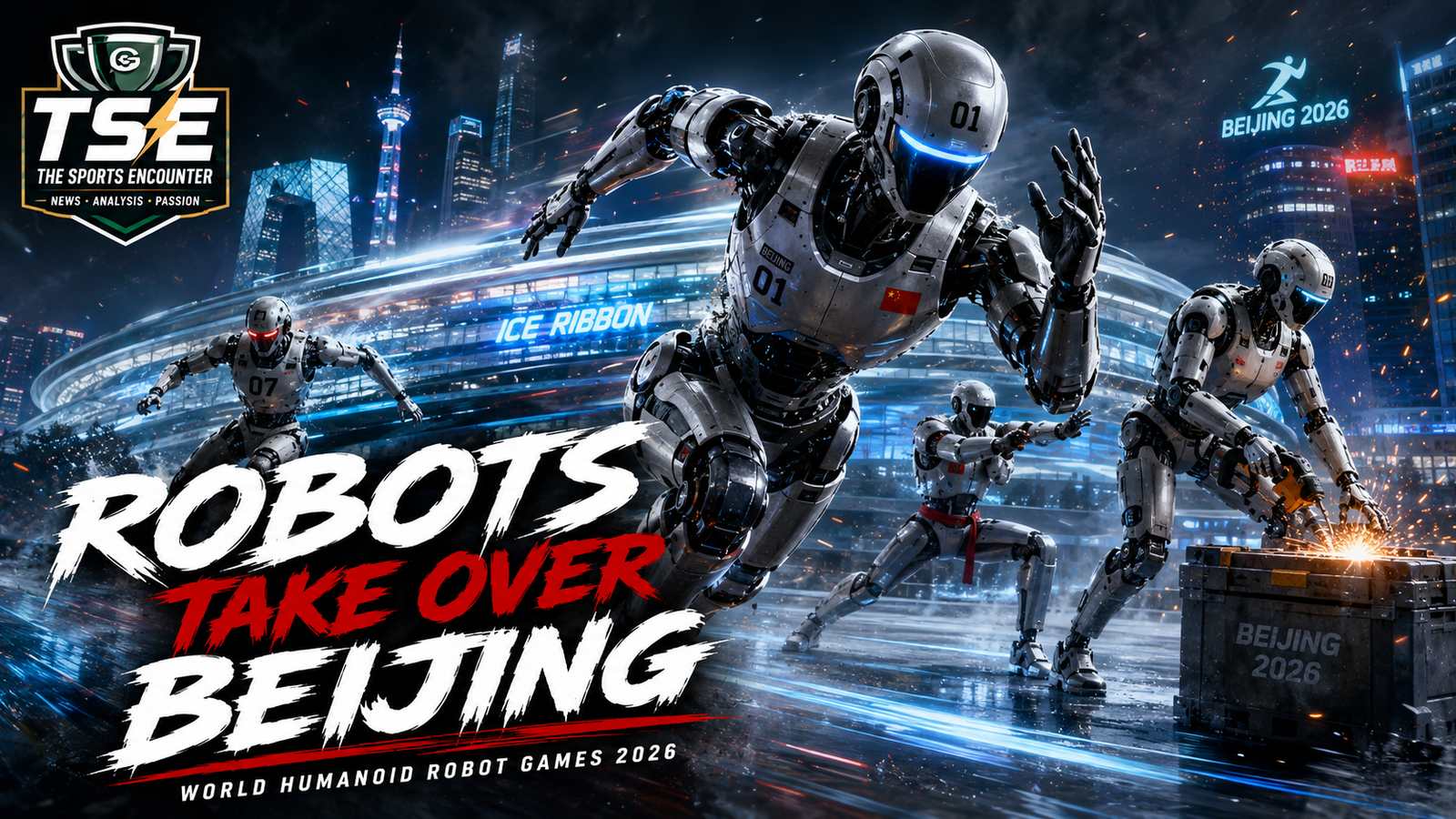 Humanoid robots competing under dramatic stadium lights in Beijing ahead of the 2026 World Humanoid Robot Games at the National Speed Skating Oval.