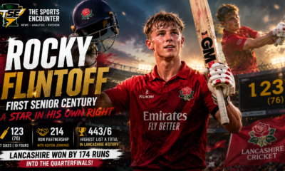 Rocky Flintoff celebrates his first senior professional century for Lancashire after scoring 123 from 76 balls against Somerset in the One-Day Cup 2026.