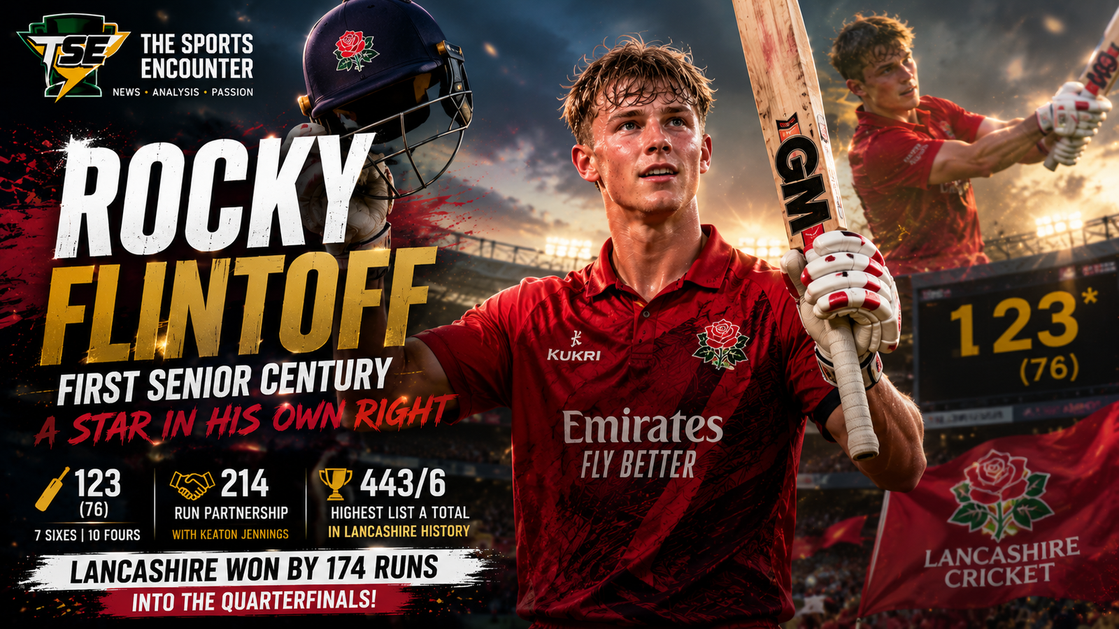 Rocky Flintoff celebrates his first senior professional century for Lancashire after scoring 123 from 76 balls against Somerset in the One-Day Cup 2026.