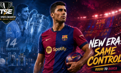 Rodri pictured in Barcelona colors after leaving Manchester City following a 14-trophy spell, with dramatic VFX lighting highlighting his move to Camp Nou.
