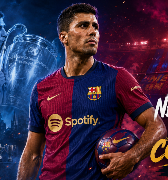 Rodri pictured in Barcelona colors after leaving Manchester City following a 14-trophy spell, with dramatic VFX lighting highlighting his move to Camp Nou.