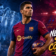 Rodri pictured in Barcelona colors after leaving Manchester City following a 14-trophy spell, with dramatic VFX lighting highlighting his move to Camp Nou.