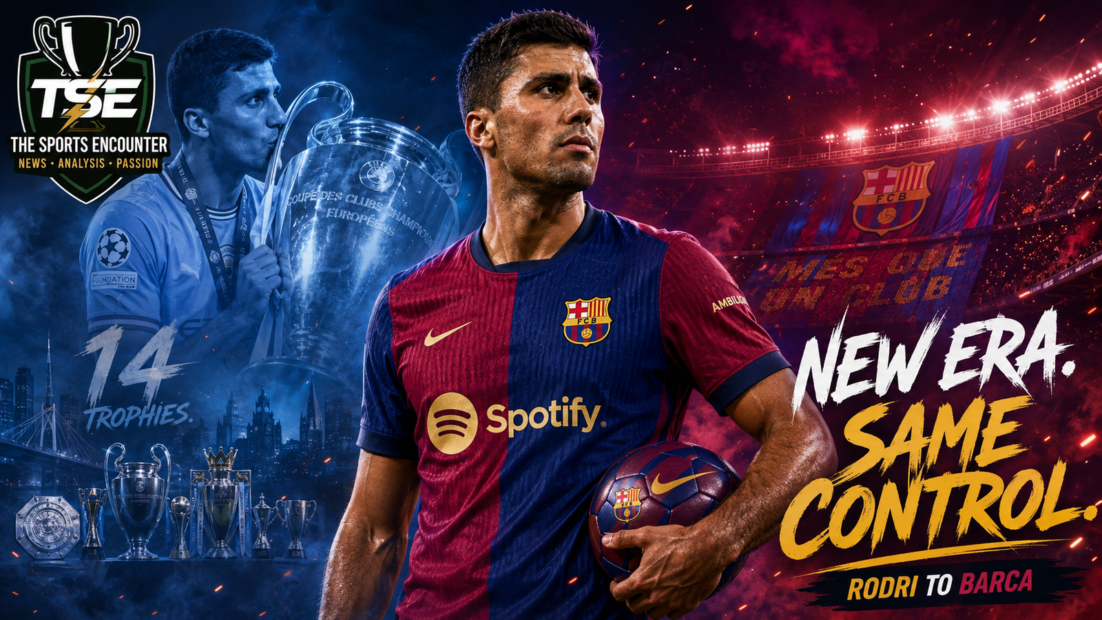 Rodri pictured in Barcelona colors after leaving Manchester City following a 14-trophy spell, with dramatic VFX lighting highlighting his move to Camp Nou.