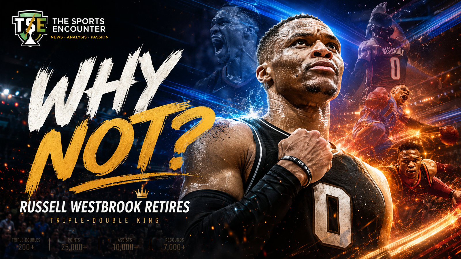 Russell Westbrook celebrates during his NBA career as The Sports Encounter reflects on the retirement, records, MVP season and legacy of basketball’s all-time triple-double leader.