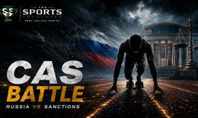 A Russian track athlete crouches at the starting blocks beneath storm clouds, with the Russian flag, a courthouse and scales of justice symbolizing Russian Athletics’ fresh CAS challenge against World Athletics sanctions.