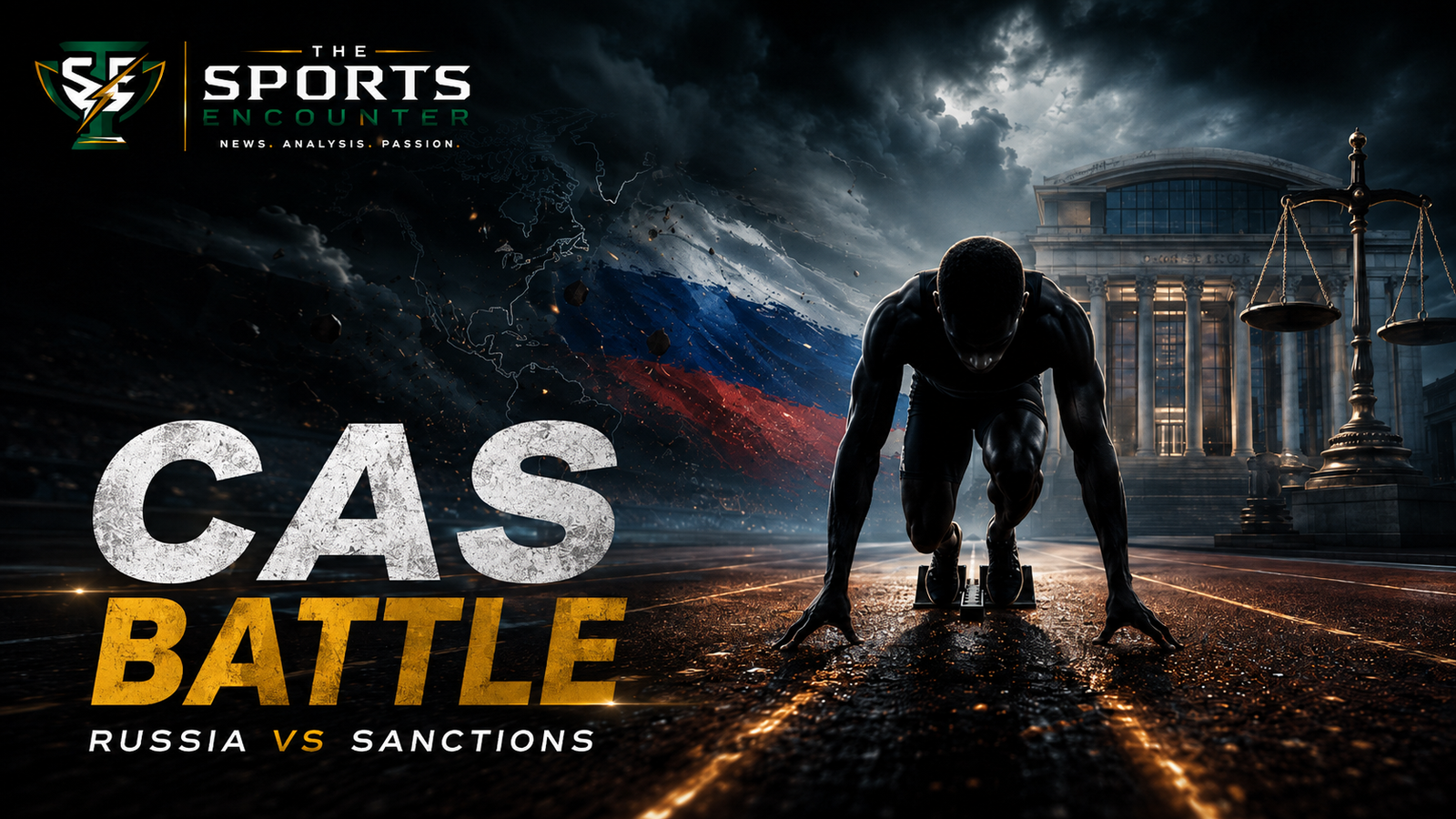 A Russian track athlete crouches at the starting blocks beneath storm clouds, with the Russian flag, a courthouse and scales of justice symbolizing Russian Athletics’ fresh CAS challenge against World Athletics sanctions.