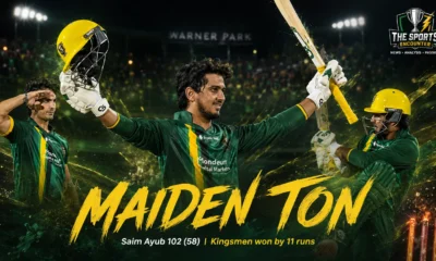 Saim Ayub celebrates his maiden T20 century for Jamaica Kingsmen against St Kitts and Nevis Patriots in CPL 2026 Match 18 at Warner Park.