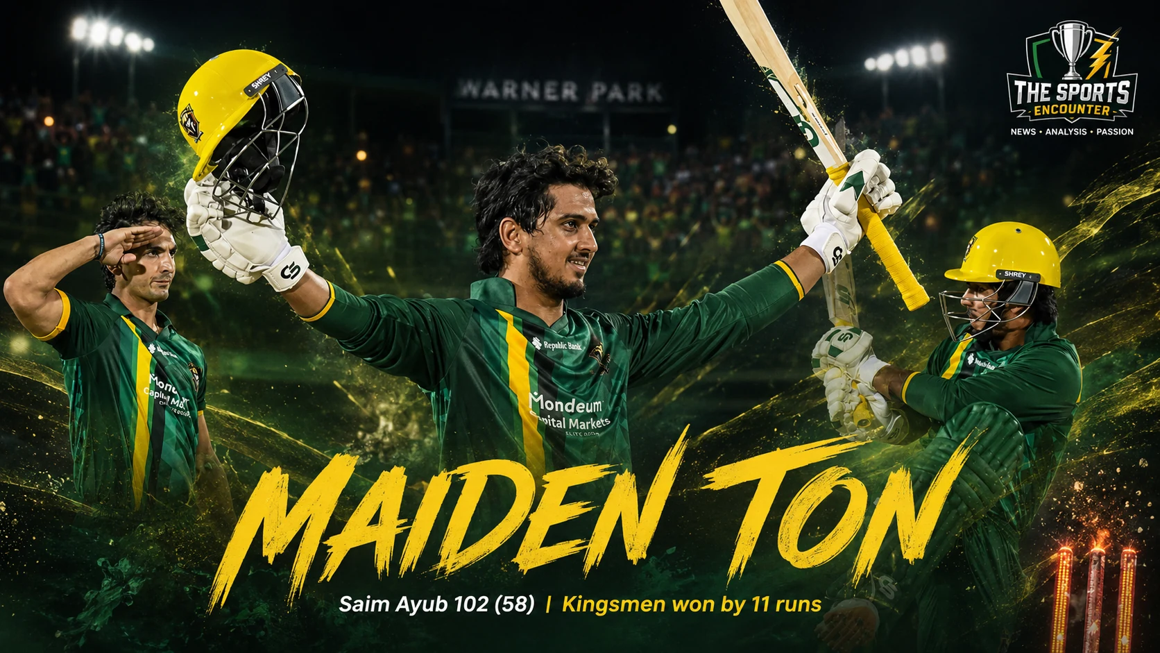Saim Ayub celebrates his maiden T20 century for Jamaica Kingsmen against St Kitts and Nevis Patriots in CPL 2026 Match 18 at Warner Park.