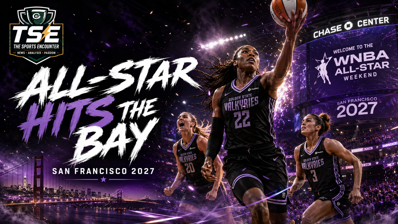 Golden State Valkyries and WNBA All-Star imagery over Chase Center as San Francisco prepares to host the 2027 WNBA All-Star Game.
