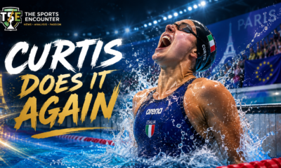 Sara Curtis celebrates after lowering the women’s 50m backstroke world record to 26.56 and winning gold at the 2026 European Aquatics Championships in Paris.