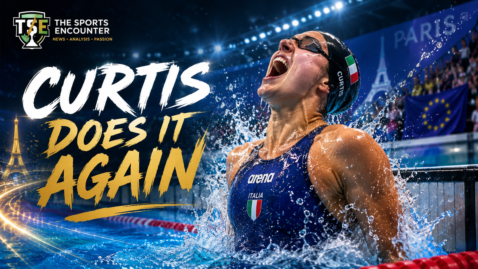 Sara Curtis celebrates after lowering the women’s 50m backstroke world record to 26.56 and winning gold at the 2026 European Aquatics Championships in Paris.