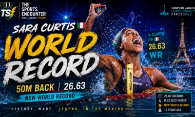 Sara Curtis celebrates in the pool after setting a women’s 50m backstroke world record of 26.63 seconds at the 2026 European Aquatics Championships in Paris, featured in a cinematic The Sports Encounter graphic.