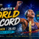 Sara Curtis celebrates in the pool after setting a women’s 50m backstroke world record of 26.63 seconds at the 2026 European Aquatics Championships in Paris, featured in a cinematic The Sports Encounter graphic.