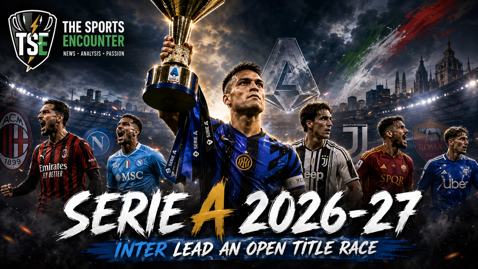 Inter Milan players celebrate with the Serie A trophy as rival clubs prepare for a wide-open 2026-27 Scudetto race.