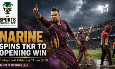 Sunil Narine celebrates during Trinbago Knight Riders’ rain-affected CPL 2026 win over St Kitts and Nevis Patriots, with stormy stadium conditions highlighting his match-winning 3/7 spell.