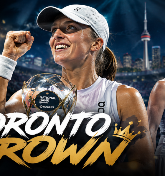 Iga Swiatek celebrates after defeating Elena Rybakina 6-2, 6-3 to win the 2026 National Bank Open women’s singles title in Toronto.