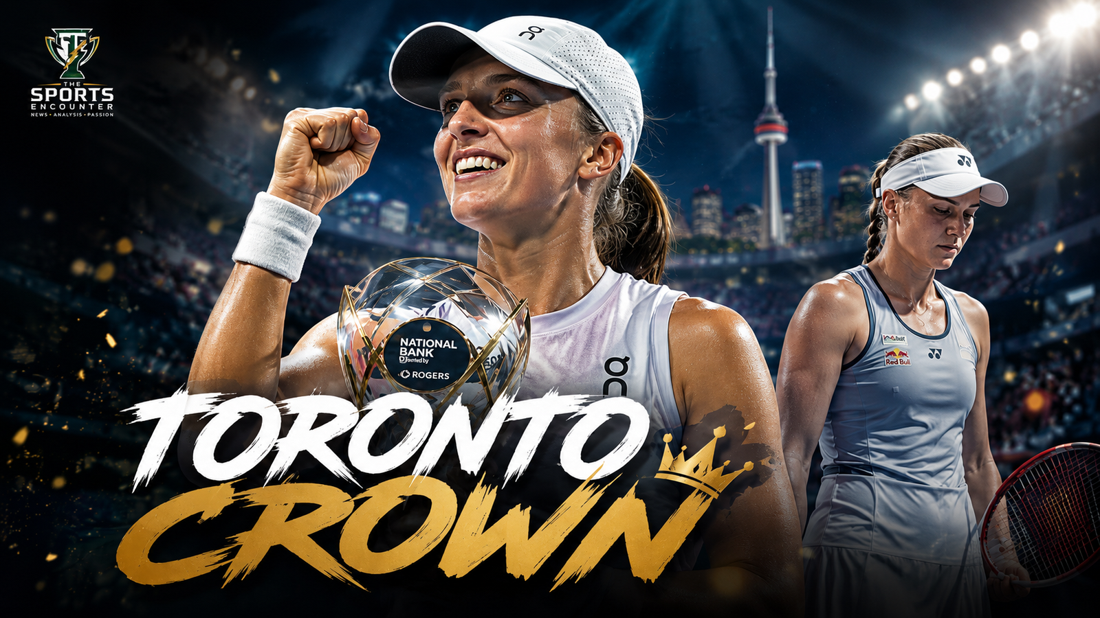 Iga Swiatek celebrates after defeating Elena Rybakina 6-2, 6-3 to win the 2026 National Bank Open women’s singles title in Toronto.