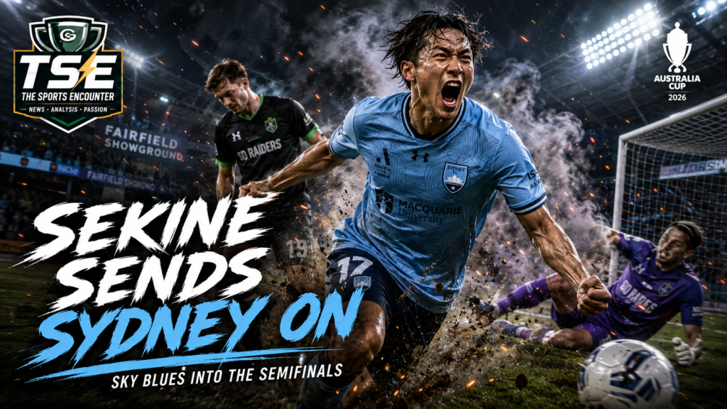 Sydney FC players celebrate after a 1-0 win over SD Raiders in the Australia Cup 2026 quarterfinal at Fairfield Showground.