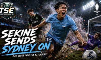 Sydney FC players celebrate after a 1-0 win over SD Raiders in the Australia Cup 2026 quarterfinal at Fairfield Showground.