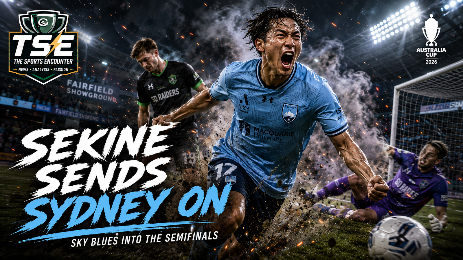 Sydney FC players celebrate after a 1-0 win over SD Raiders in the Australia Cup 2026 quarterfinal at Fairfield Showground.