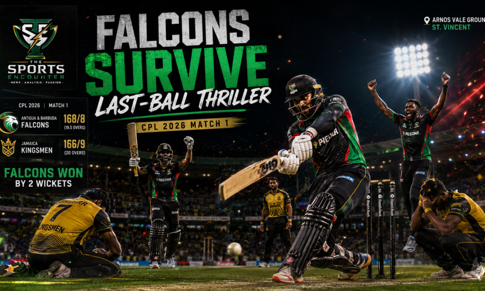 Antigua and Barbuda Falcons celebrate a dramatic last-ball victory over Jamaica Kingsmen in the opening match of CPL 2026, featuring Tajinder Singh and Player of the Match Alzarri Joseph.