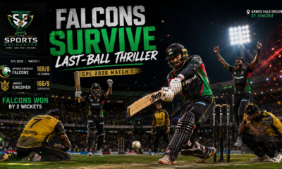 Antigua and Barbuda Falcons celebrate a dramatic last-ball victory over Jamaica Kingsmen in the opening match of CPL 2026, featuring Tajinder Singh and Player of the Match Alzarri Joseph.