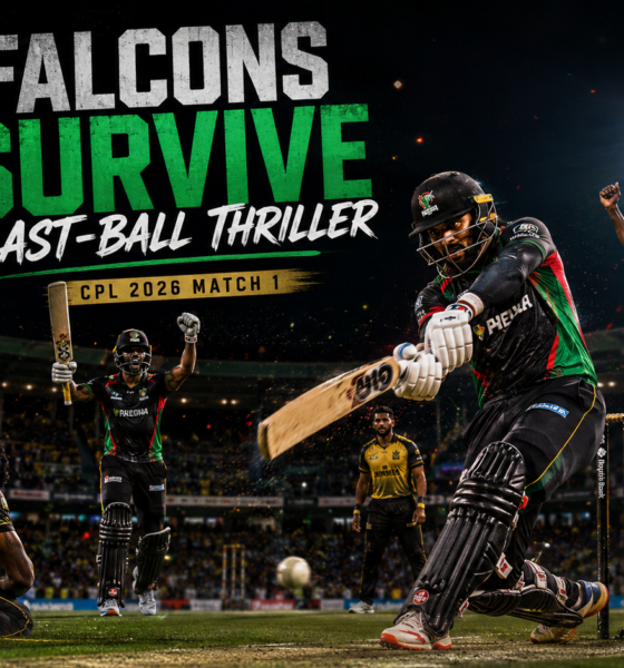 Antigua and Barbuda Falcons celebrate a dramatic last-ball victory over Jamaica Kingsmen in the opening match of CPL 2026, featuring Tajinder Singh and Player of the Match Alzarri Joseph.