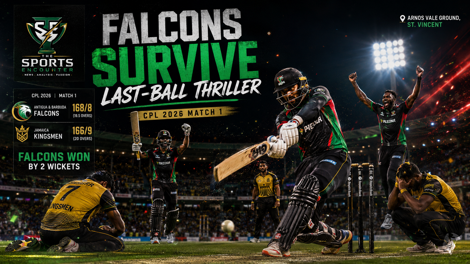 Antigua and Barbuda Falcons celebrate a dramatic last-ball victory over Jamaica Kingsmen in the opening match of CPL 2026, featuring Tajinder Singh and Player of the Match Alzarri Joseph.