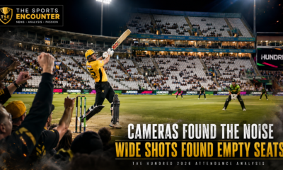 A batter launches a shot under the Trent Bridge floodlights as cheering fans celebrate in the foreground, while wide stadium views reveal large sections of empty white seats during The Hundred 2026.