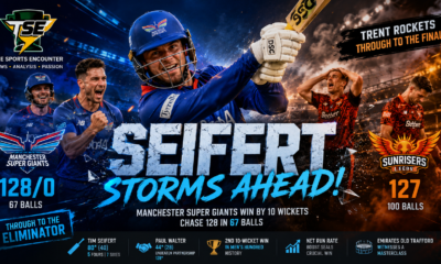 Tim Seifert celebrates a dominant unbeaten 80 as Manchester Super Giants overwhelm Sunrisers Leeds by 10 wickets in Match 30 of The Hundred 2026 at Old Trafford.