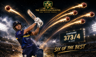 Toby Albert launches another six for Hampshire as six cricket balls streak across the night sky, illustrating his remarkable six consecutive sixes during the One-Day Cup win over Sussex.